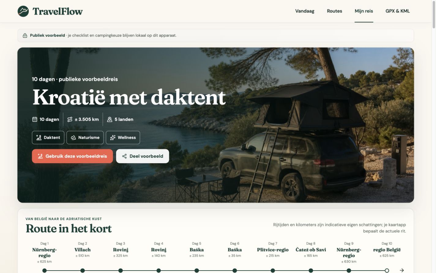 TravelFlow-desktopweergave van de publieke Kroatië-daktentreis